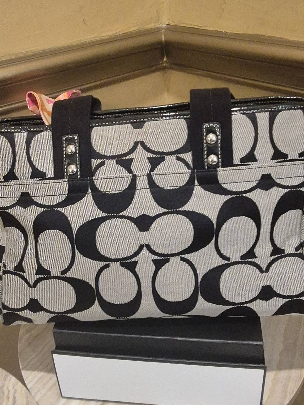 Coach Black and Cream Signature Canvas Tote with Studded Strap Accents - Picture 2 of 8